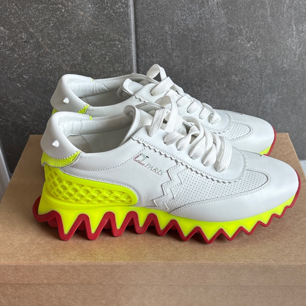 Christian Louboutin White and Neon Yellow Athletic Shoes